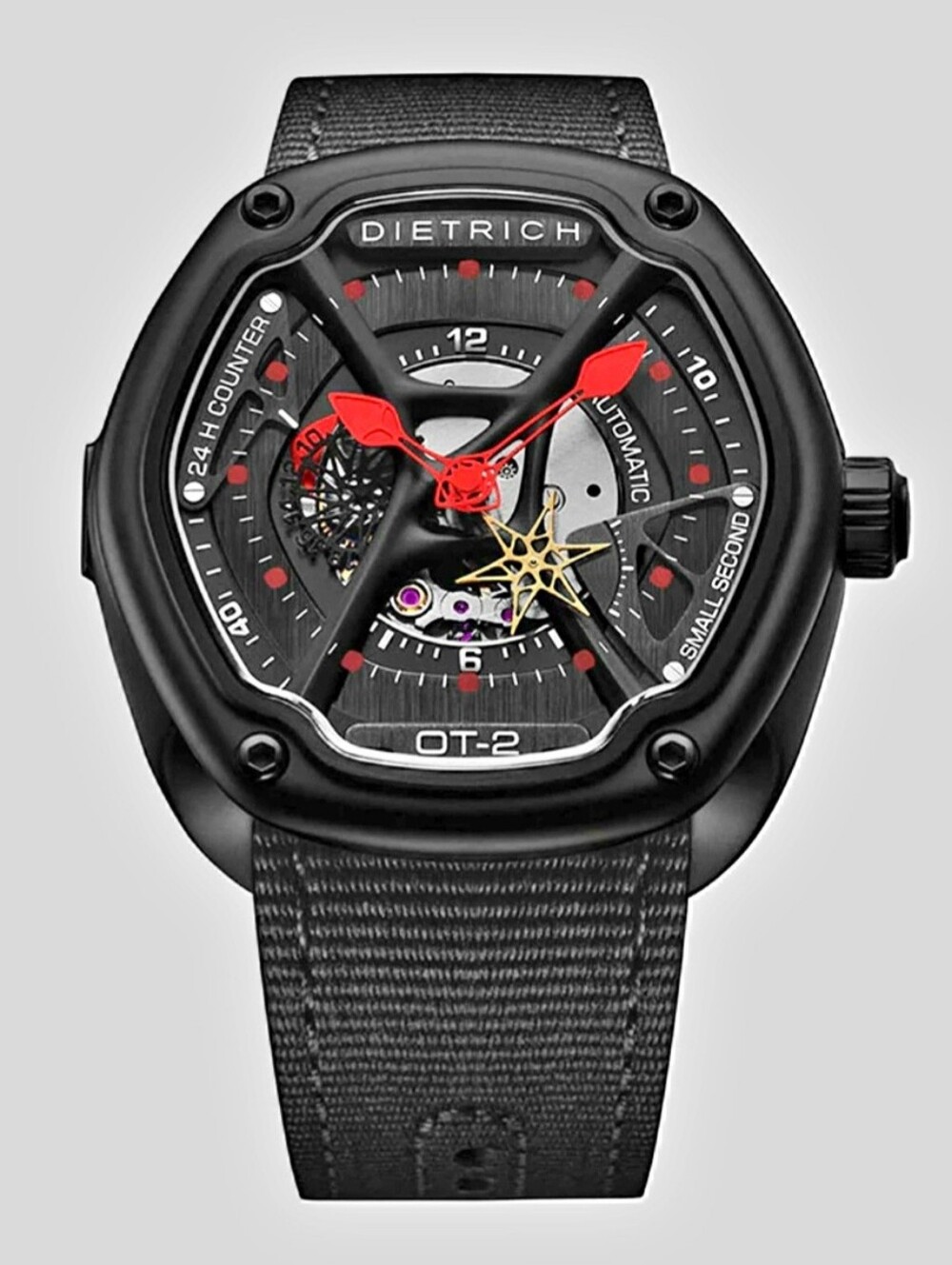 Dietrich OT-2 Black and Red Automatic Watch. Organic Time Skeleton Automatic